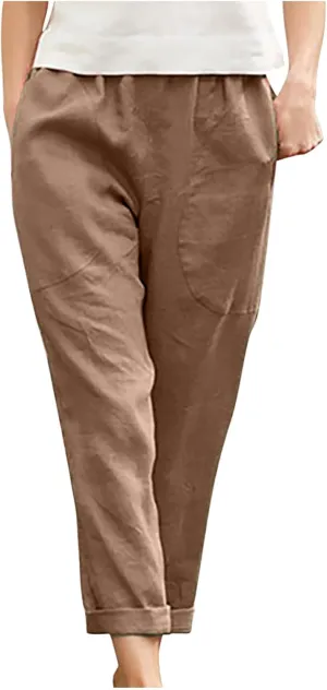 Ctreela Womens Straightstyle Plus Size Cotton Linen Pants Summer Baggy Wide Leg Lounge Trousers Elastic Waist Beach Outfits