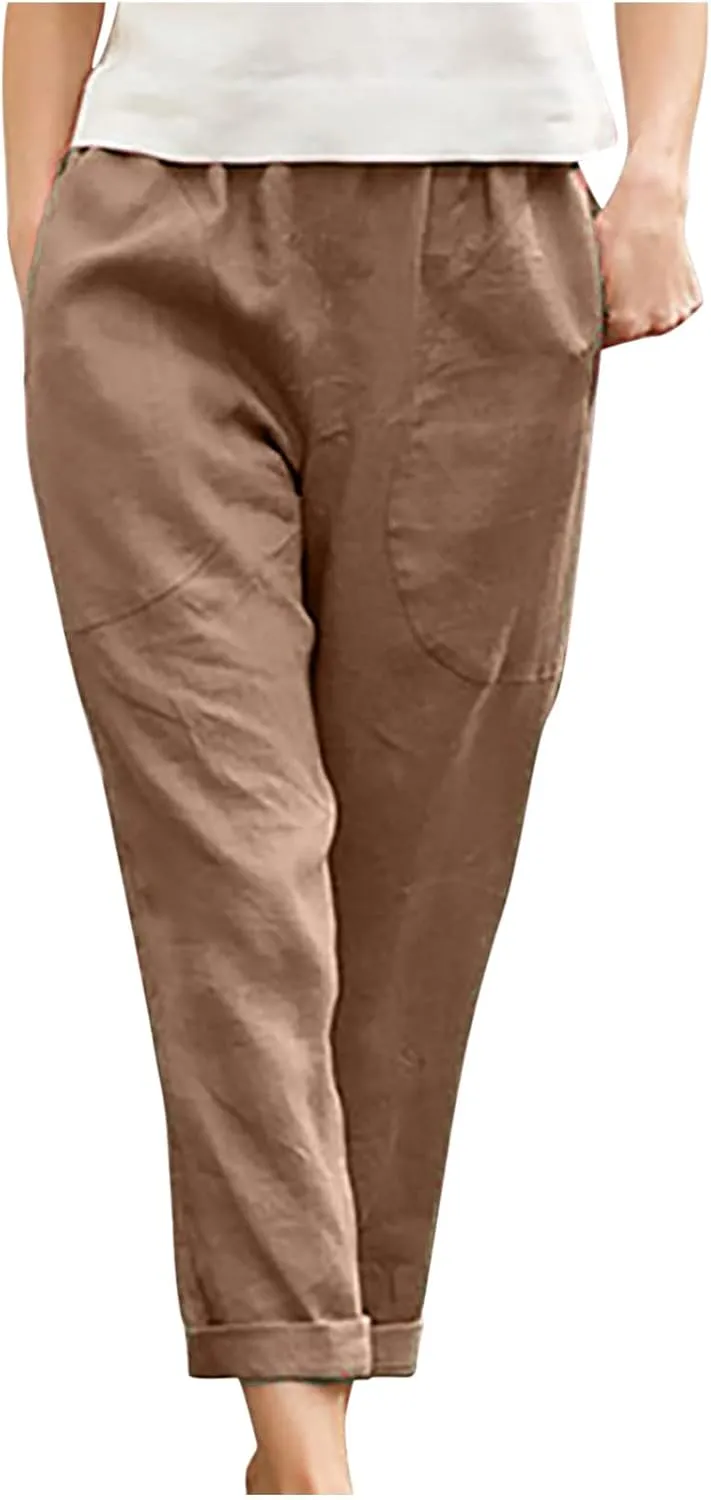 Ctreela Womens Straightstyle Plus Size Cotton Linen Pants Summer Baggy Wide Leg Lounge Trousers Elastic Waist Beach Outfits