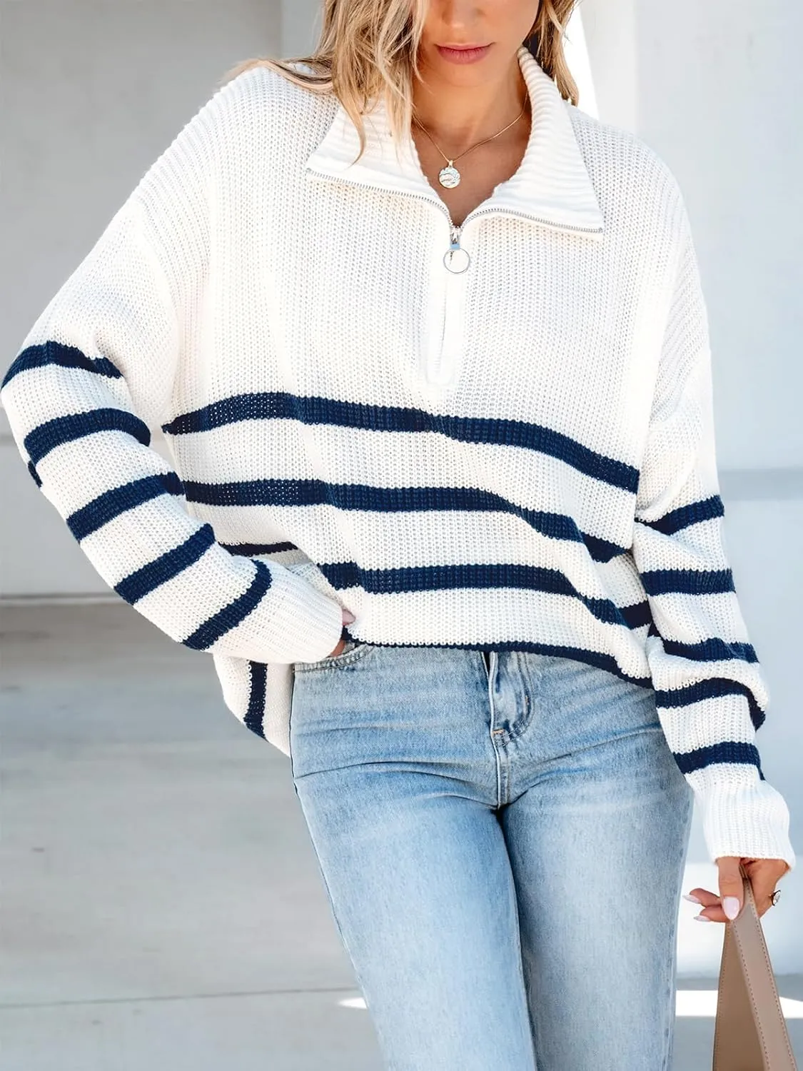CUPSHE Womens Half Zip Striped Pullover Sweaters Oversized Collared Knit Fall Clothes Trendy Casual