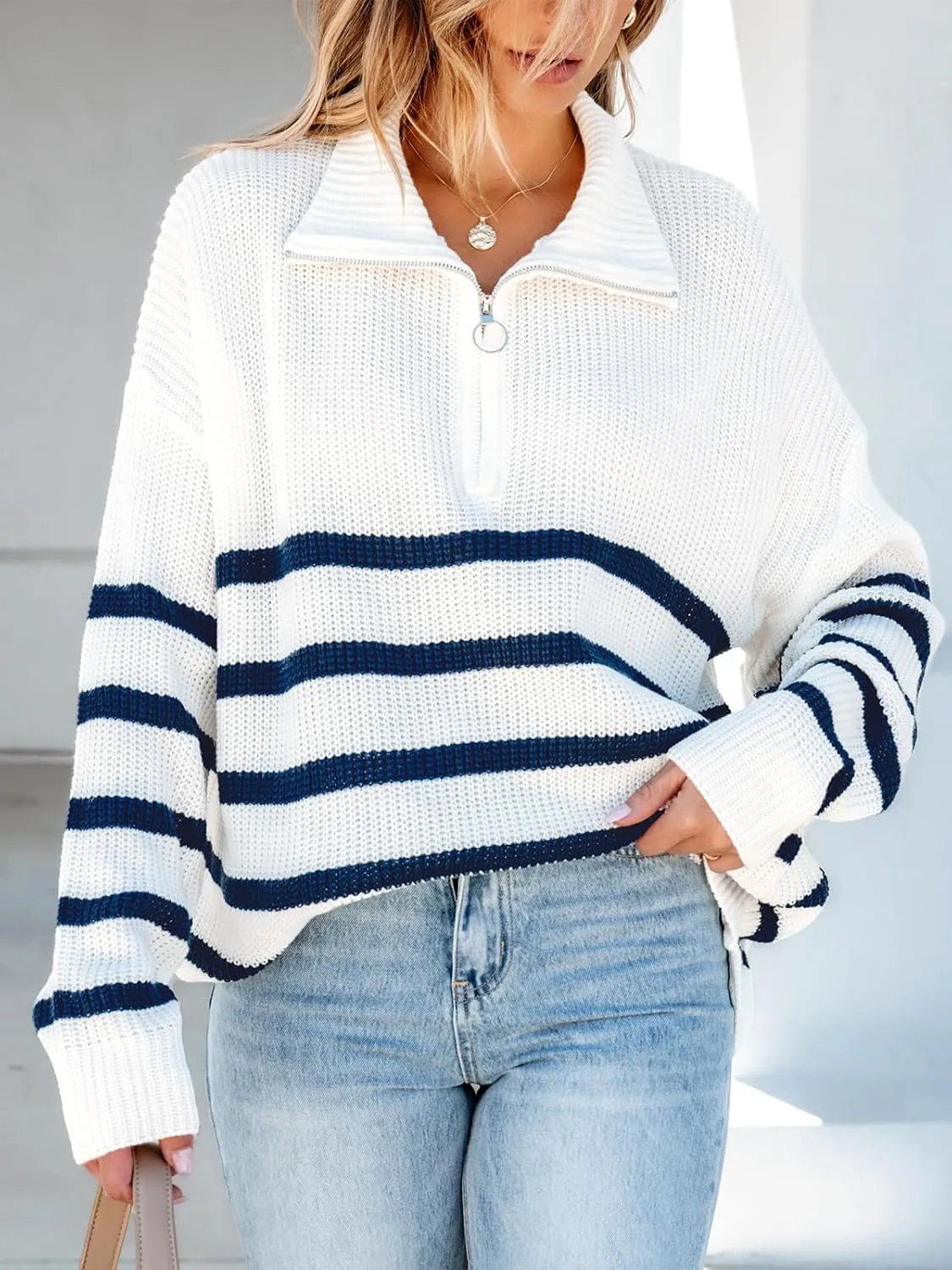 CUPSHE Womens Half Zip Striped Pullover Sweaters Oversized Collared Knit Fall Clothes Trendy Casual