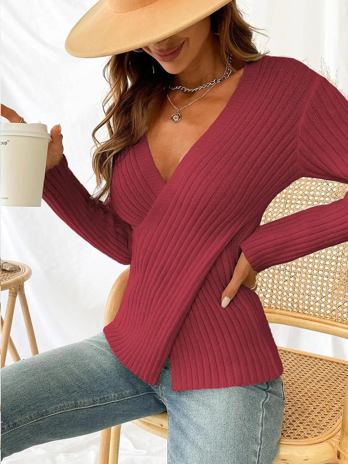 CUPSHE Women's Ribbed Long Sleeve Sweater 2024 Fall Knit V Neck Pullover Sweater Tops