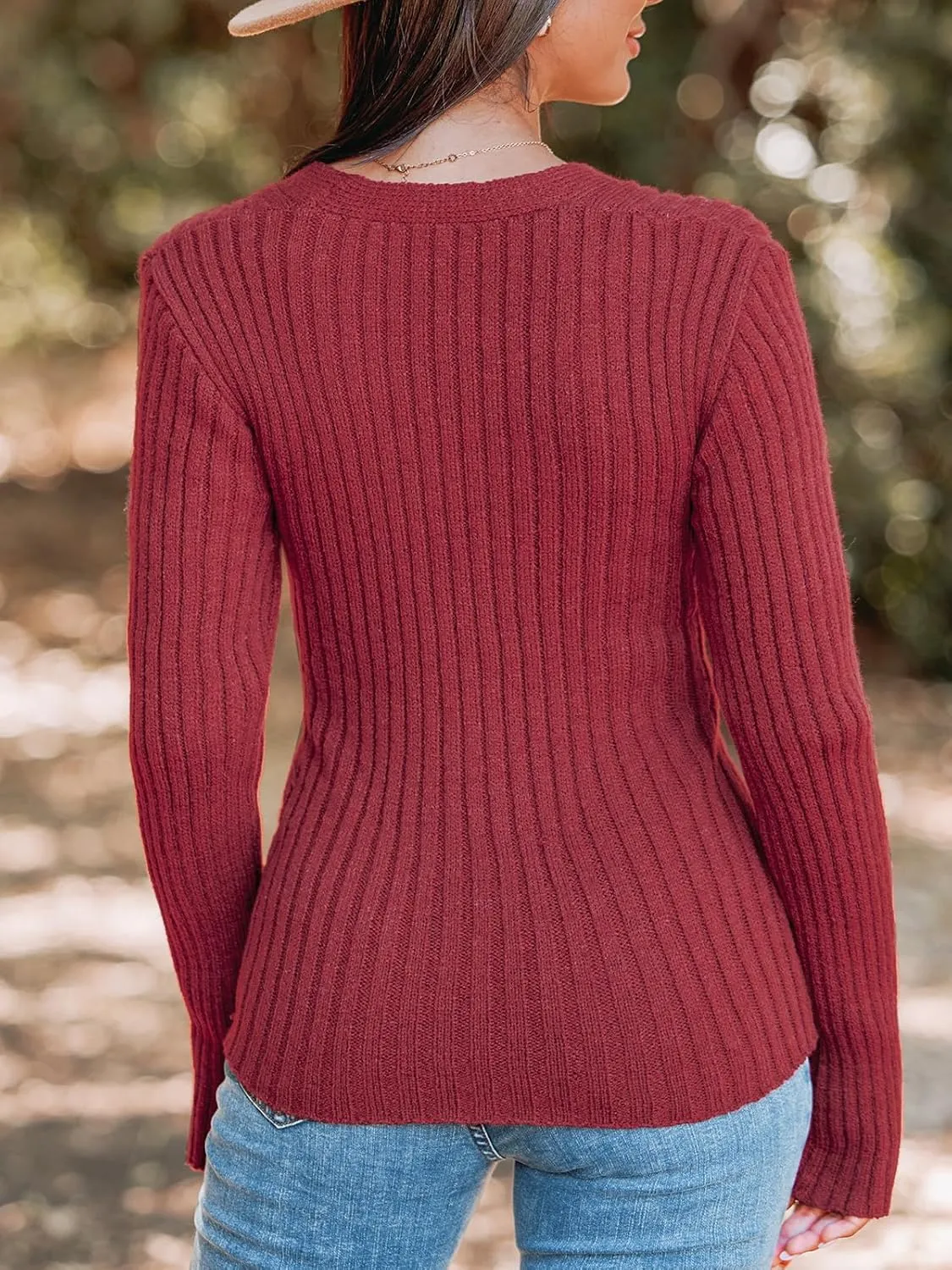 CUPSHE Women's Ribbed Long Sleeve Sweater 2024 Fall Knit V Neck Pullover Sweater Tops