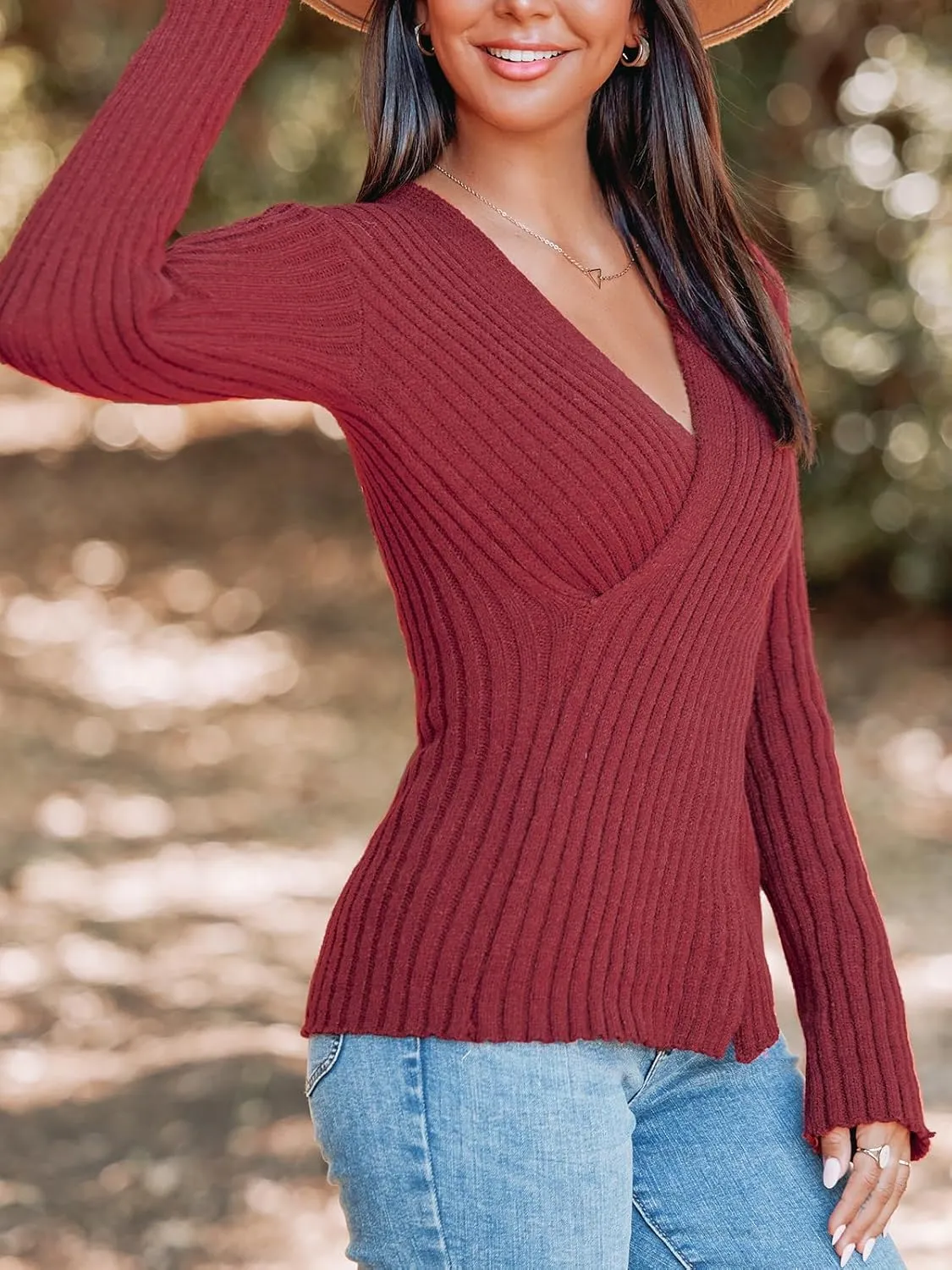 CUPSHE Women's Ribbed Long Sleeve Sweater 2024 Fall Knit V Neck Pullover Sweater Tops