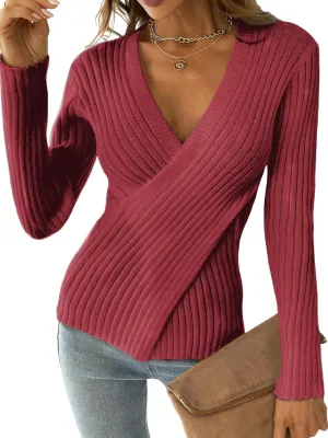 CUPSHE Women's Ribbed Long Sleeve Sweater 2024 Fall Knit V Neck Pullover Sweater Tops