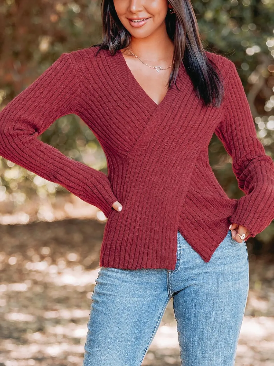 CUPSHE Women's Ribbed Long Sleeve Sweater 2024 Fall Knit V Neck Pullover Sweater Tops