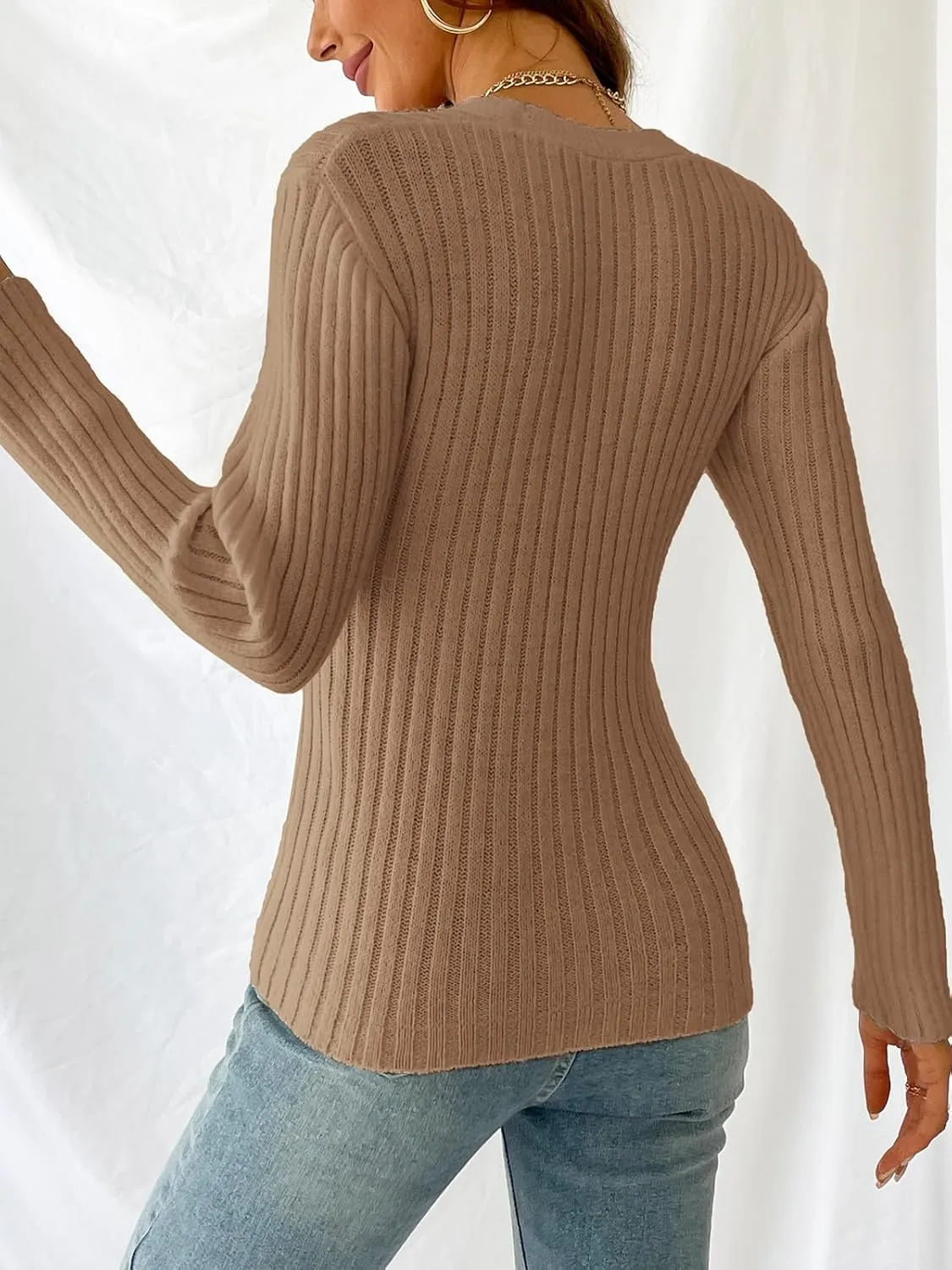 CUPSHE Women's Ribbed Long Sleeve Sweater 2024 Fall Knit V Neck Pullover Sweater Tops