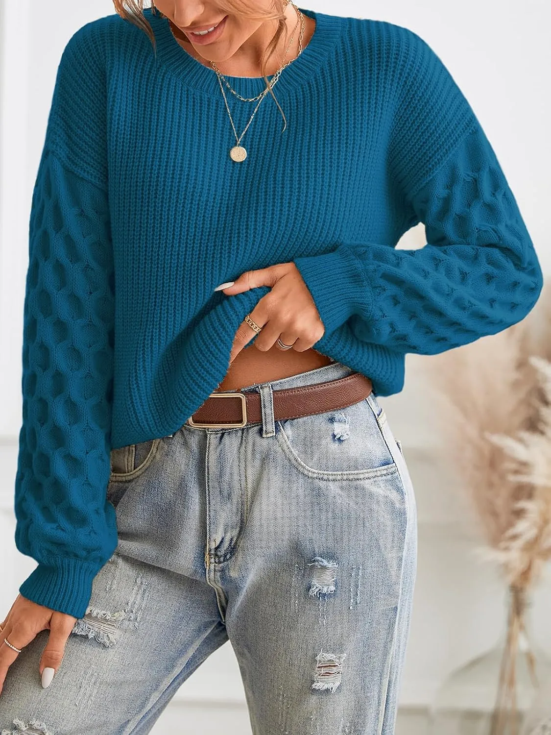 CUPSHE Women's Sweater Long Sleeve Crewneck Sweaters Cable Knit Jumper Tops