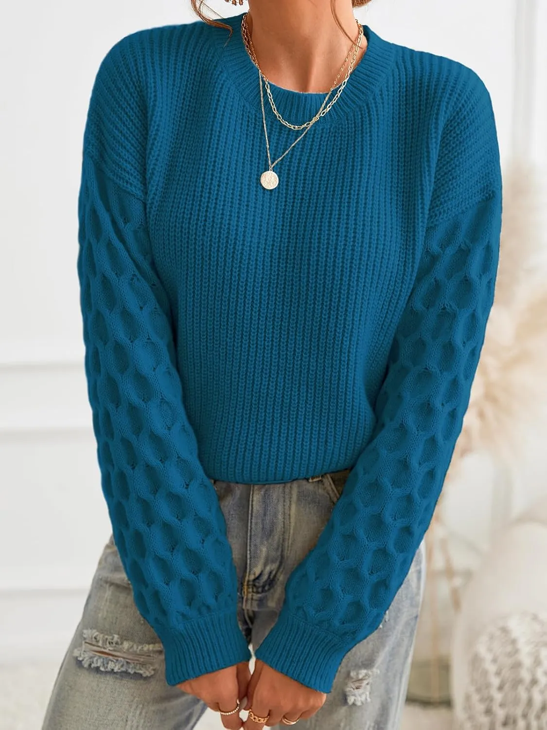 CUPSHE Women's Sweater Long Sleeve Crewneck Sweaters Cable Knit Jumper Tops