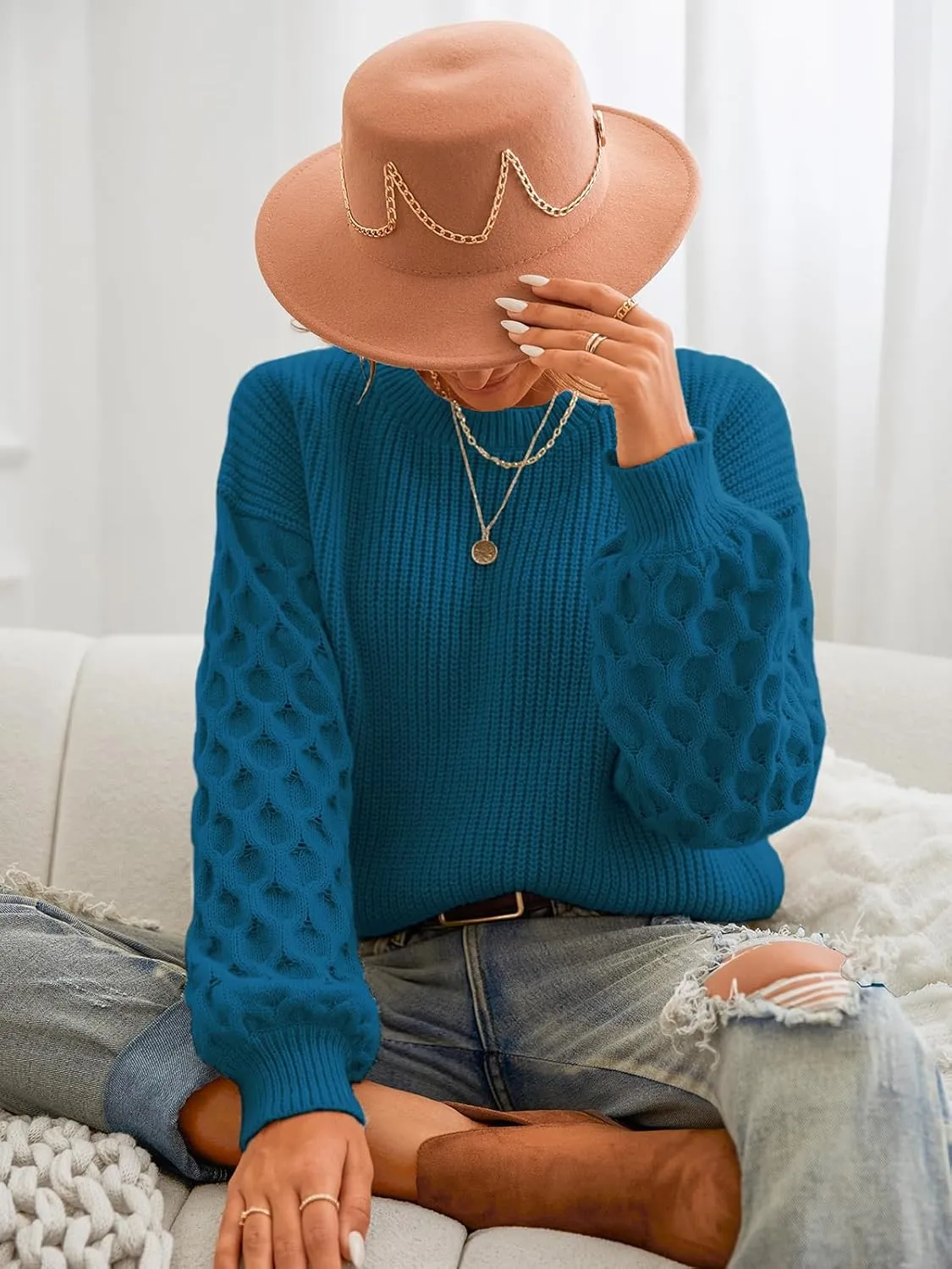 CUPSHE Women's Sweater Long Sleeve Crewneck Sweaters Cable Knit Jumper Tops