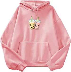 Cute Women's Milk Tea Hoodie Kawaii Y2K Cartoon Oversized Long Sleeves Aesthetic Hooded Sweatshirts for Teens(Pink,M)