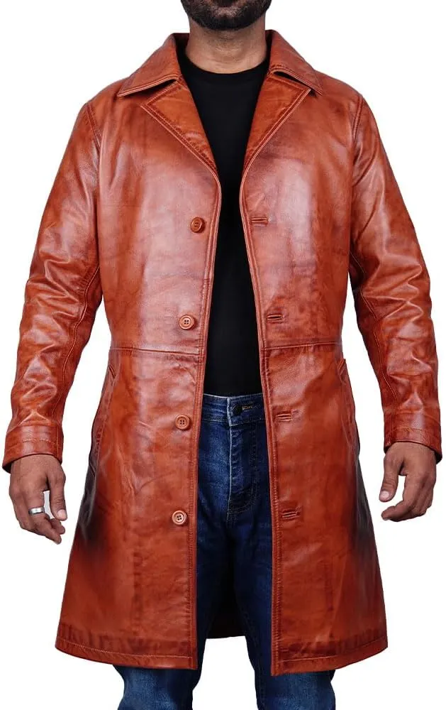 Desired Men's Trench Black Full Body Genuine Leather Duster Overcoat Sheepskin Long Coat Glossy Coat