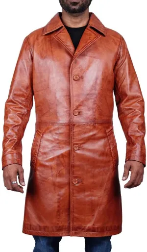Desired Men's Trench Black Full Body Genuine Leather Duster Overcoat Sheepskin Long Coat Glossy Coat