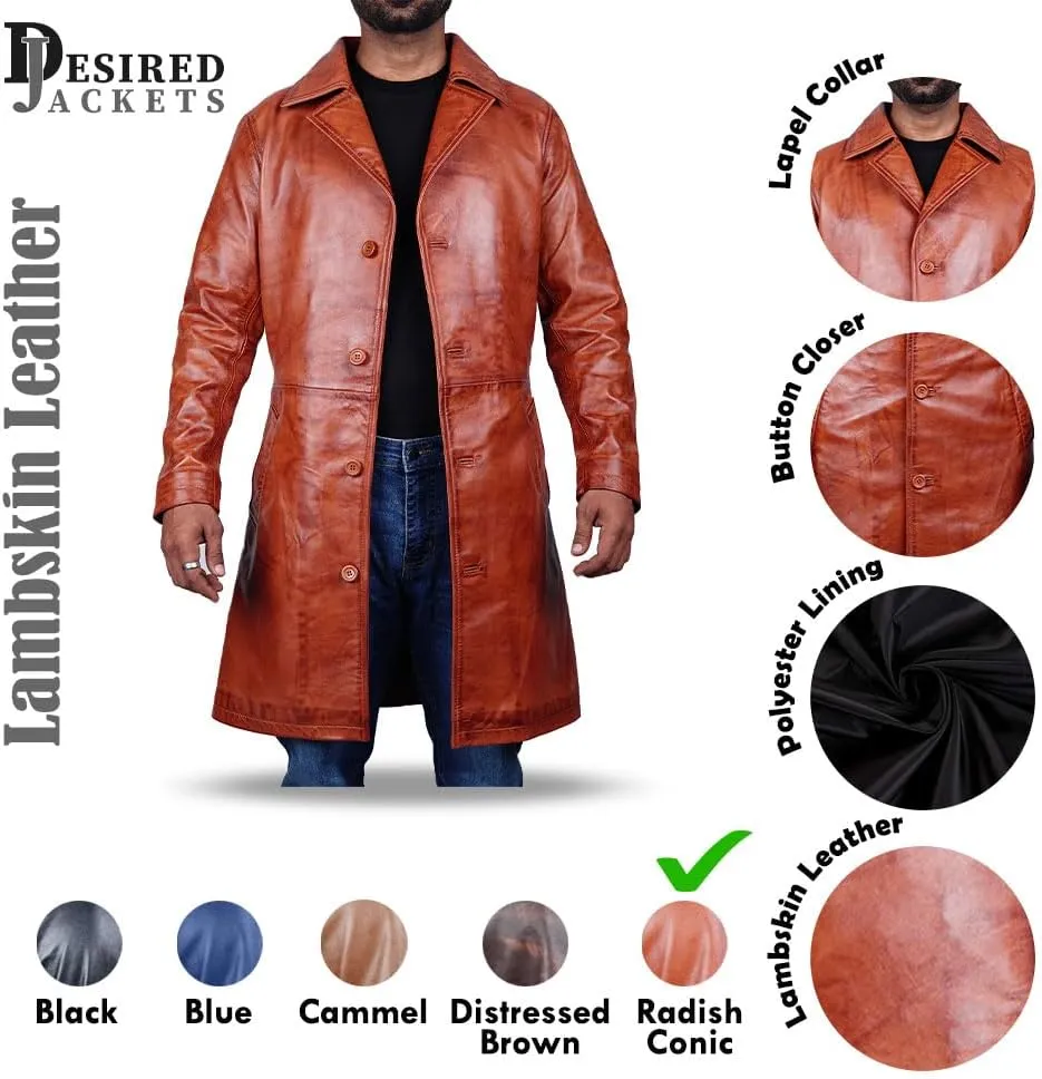 Desired Men's Trench Black Full Body Genuine Leather Duster Overcoat Sheepskin Long Coat Glossy Coat
