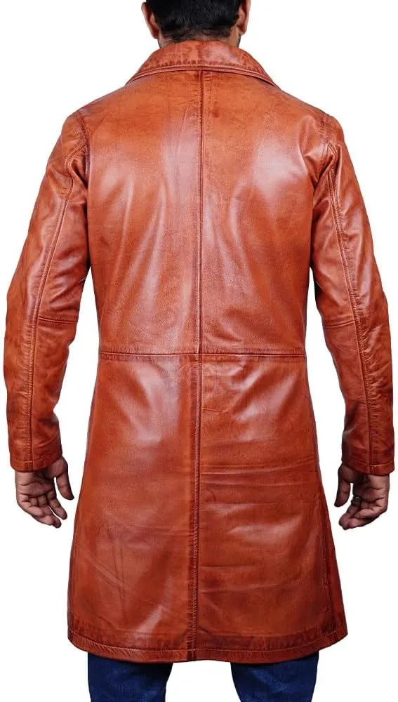 Desired Men's Trench Black Full Body Genuine Leather Duster Overcoat Sheepskin Long Coat Glossy Coat