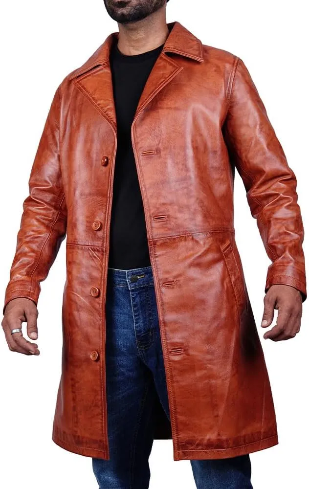 Desired Men's Trench Black Full Body Genuine Leather Duster Overcoat Sheepskin Long Coat Glossy Coat
