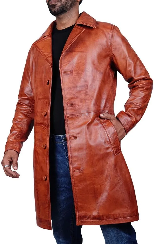 Desired Men's Trench Black Full Body Genuine Leather Duster Overcoat Sheepskin Long Coat Glossy Coat
