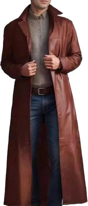 DGHM-JLMY Mens Fall Retro Leather Trench Coat Classic Long Steampunk Overcoat Vintage Faux Leather Long Jacket