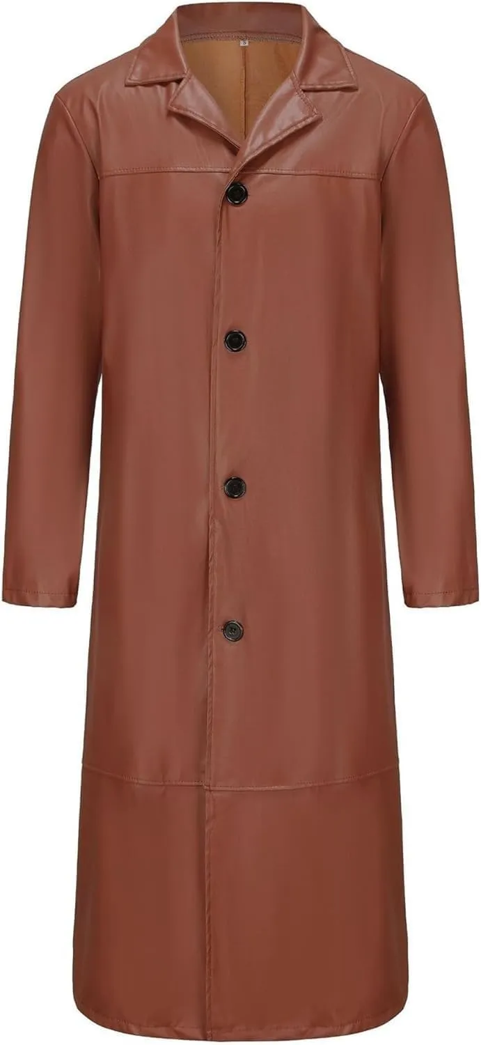 DGHM-JLMY Mens Fall Retro Leather Trench Coat Classic Long Steampunk Overcoat Vintage Faux Leather Long Jacket