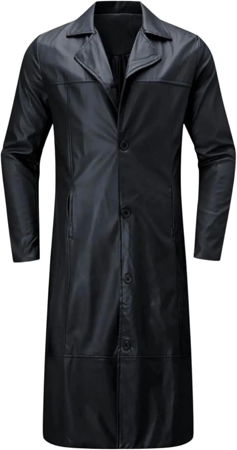 DGHM-JLMY Mens Fall Retro Leather Trench Coat Classic Long Steampunk Overcoat Vintage Faux Leather Long Jacket