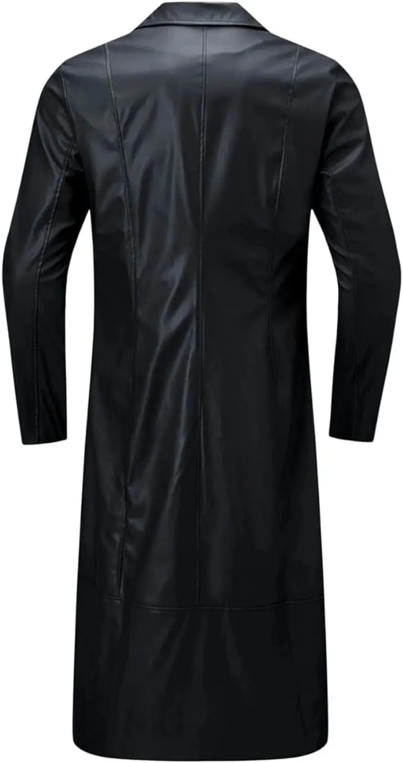 DGHM-JLMY Mens Fall Retro Leather Trench Coat Classic Long Steampunk Overcoat Vintage Faux Leather Long Jacket