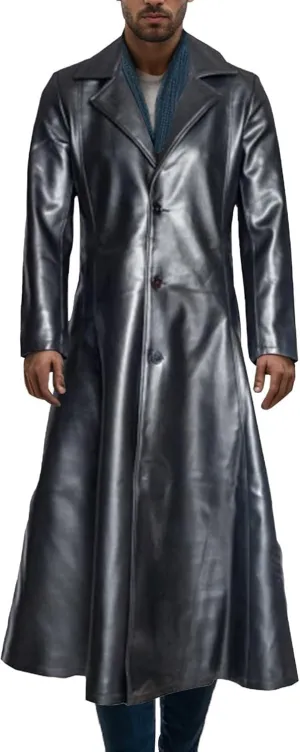 DGHM-JLMY Mens Fall Retro Leather Trench Coat Classic Long Steampunk Overcoat Vintage Faux Leather Long Jacket
