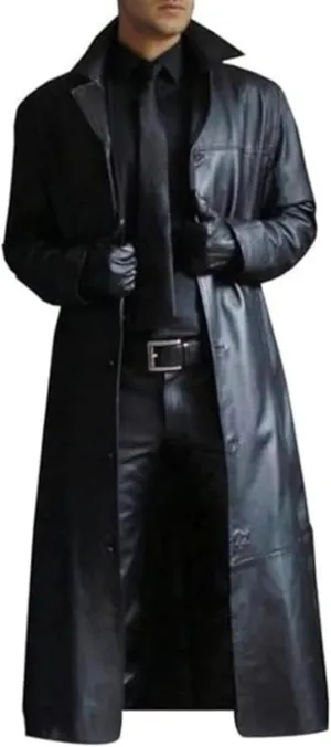 DGHM-JLMY Mens Fall Retro Leather Trench Coat Classic Long Steampunk Overcoat Vintage Faux Leather Long Jacket