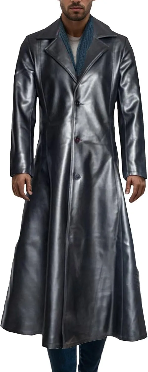 DGHM-JLMY Mens Fall Retro Leather Trench Coat Classic Long Steampunk Overcoat Vintage Faux Leather Long Jacket