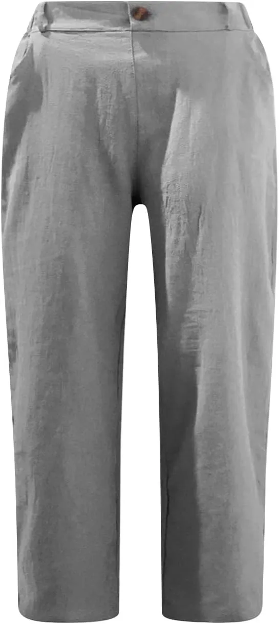 DGZTWLL Linen Capri Pants for Women Casual Summer Petite to Plus Size Loose Fit Elastic Wide Leg Trousers for Women