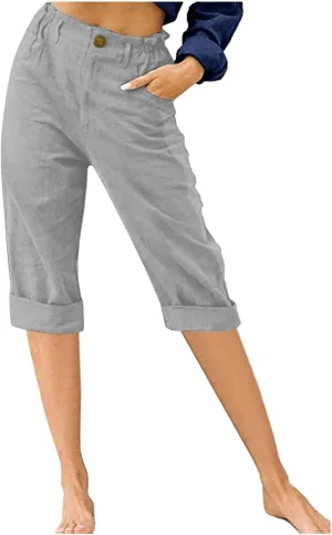 DGZTWLL Linen Capri Pants for Women Casual Summer Petite to Plus Size Loose Fit Elastic Wide Leg Trousers for Women
