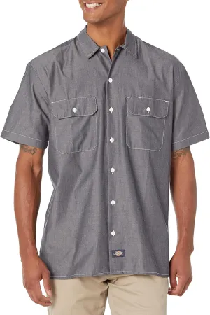 Dickies Men's Short Sleeve Shirt, Navy Chambray, Small