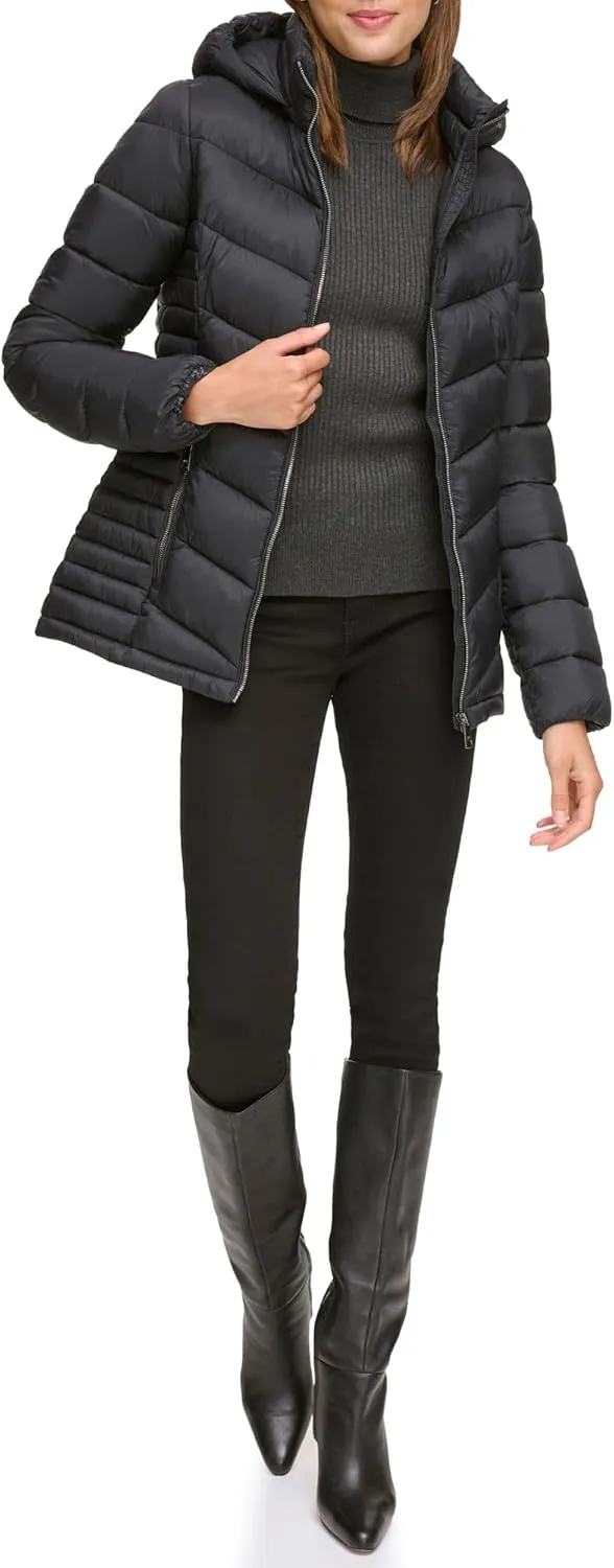DKNY Womens Hooded Light-Weight Puffer