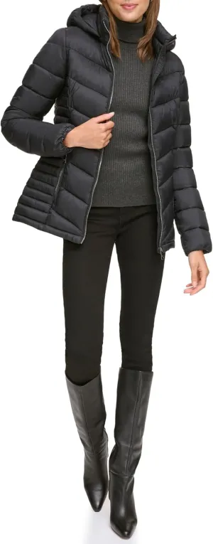 DKNY Womens Hooded Light-Weight Puffer