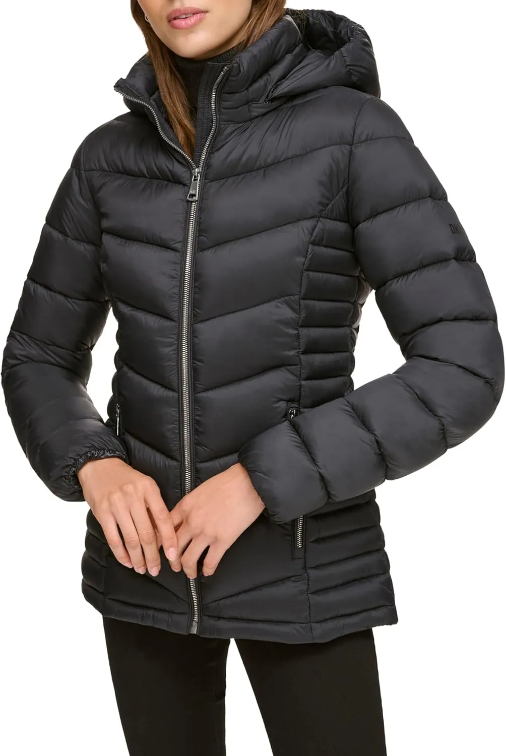 DKNY Womens Hooded Light-Weight Puffer