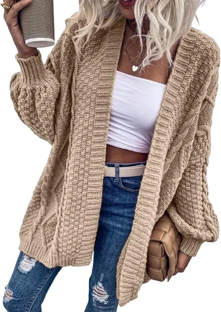 Dyexces Womens Oversized Cardigan Sweaters Open Front Cable Knit Lantern Long Sleeve Chunky Outwear Coats