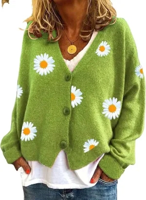 ebossy Women's Cute Embroidery Daisy Floral Knit Cardigan Open Front Button Up Y2K Artistic Aesthetic Sweater Outwear
