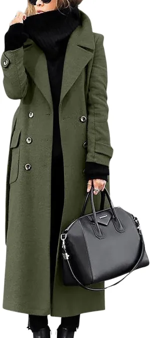 ebossy Womens Winter Double Breasted Wool Coat Elegant Notched Lapel Belted Maxi Long Pea Trench Coat