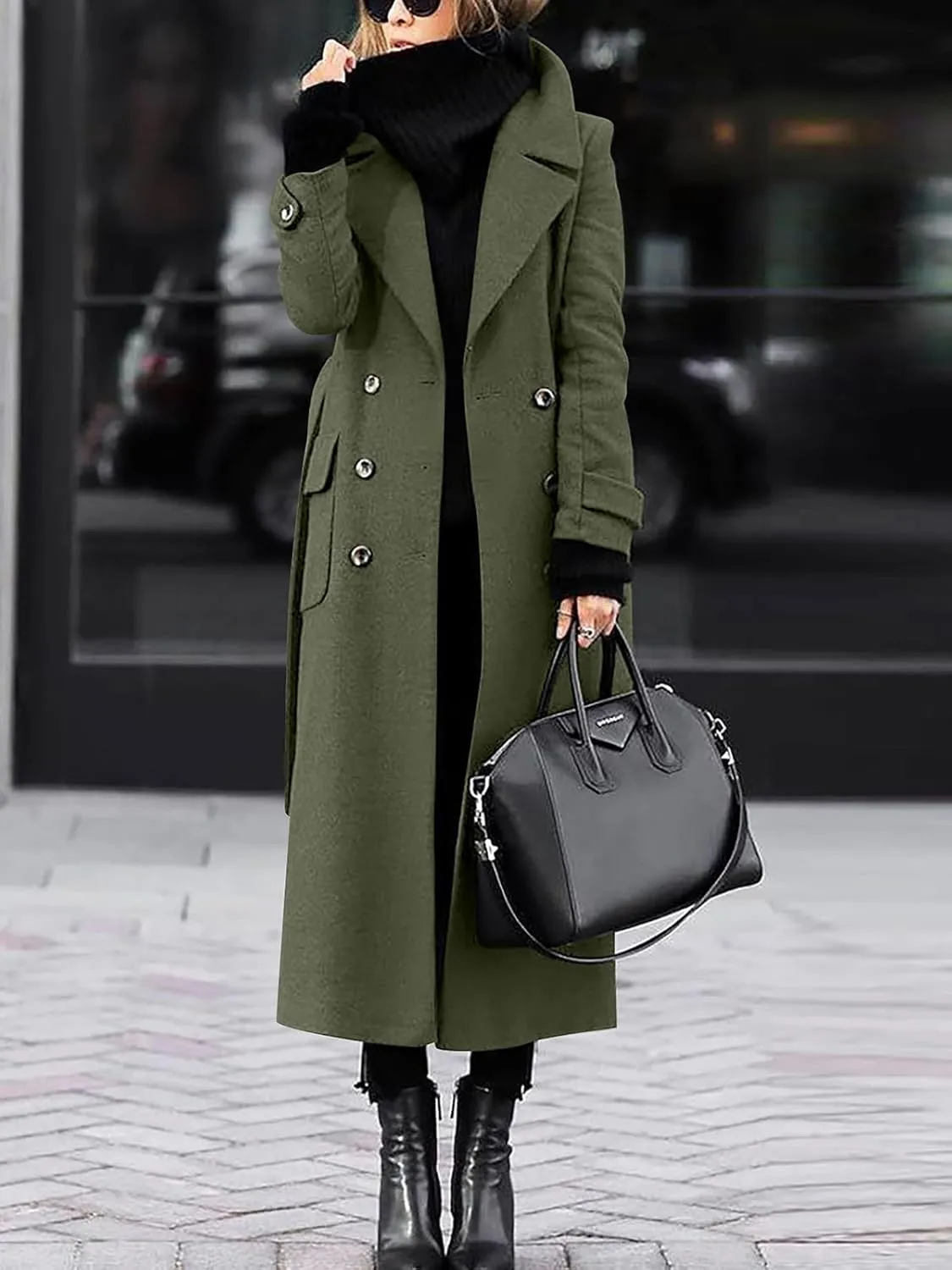 ebossy Womens Winter Double Breasted Wool Coat Elegant Notched Lapel Belted Maxi Long Pea Trench Coat