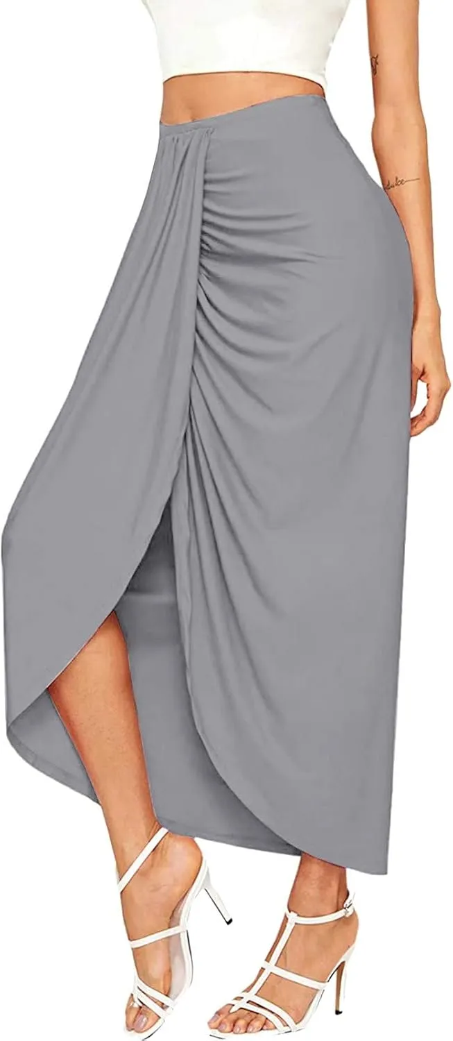 Elastic Draped Asymmetrical Casual Solid Waist Maxi High Wrap Slit Skirt Women's Skirt Tree Skirt Box