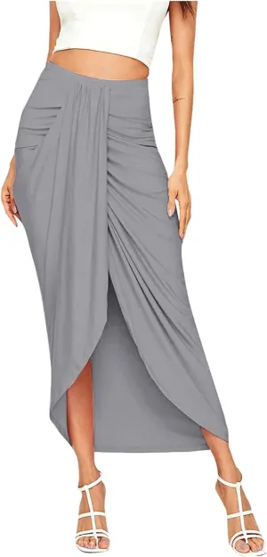 Elastic Draped Asymmetrical Casual Solid Waist Maxi High Wrap Slit Skirt Women's Skirt Tree Skirt Box