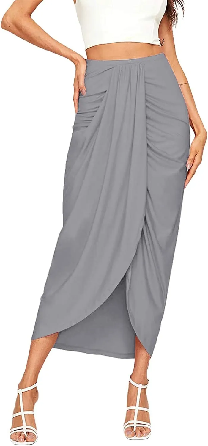 Elastic Draped Asymmetrical Casual Solid Waist Maxi High Wrap Slit Skirt Women's Skirt Tree Skirt Box