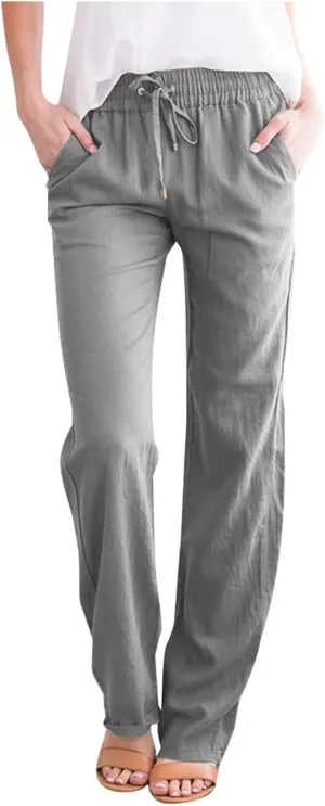 Elastic Drawstring Solid Waist Long Pants Cotton Women and Casual Straight Pants Womens Dress Casual Pants