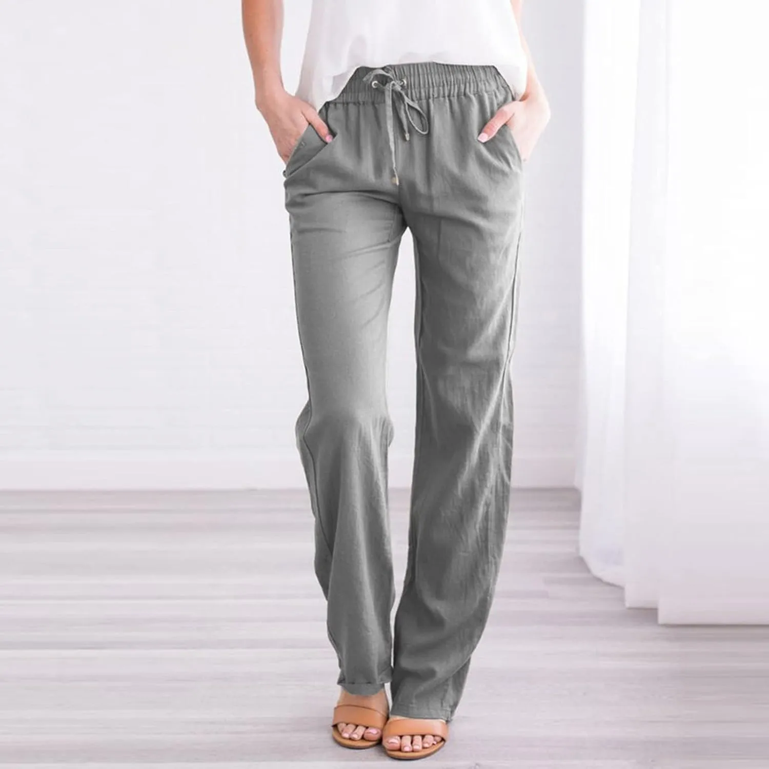 Elastic Drawstring Solid Waist Long Pants Cotton Women and Casual Straight Pants Womens Dress Casual Pants