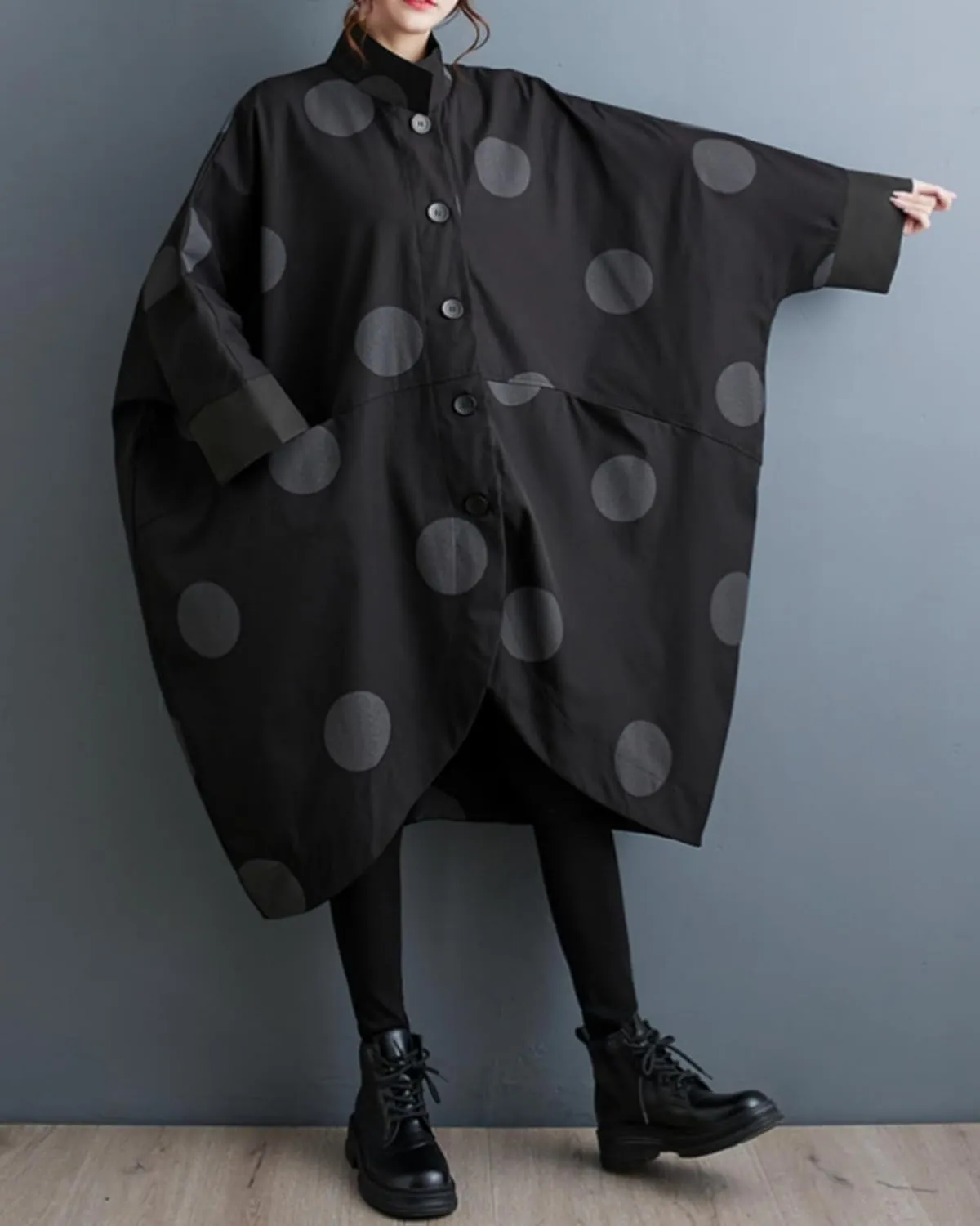 ellazhu Women's Casual Vintage Batwing Polk Dots Trench Coat Irregular Hem Outerwear GZ42