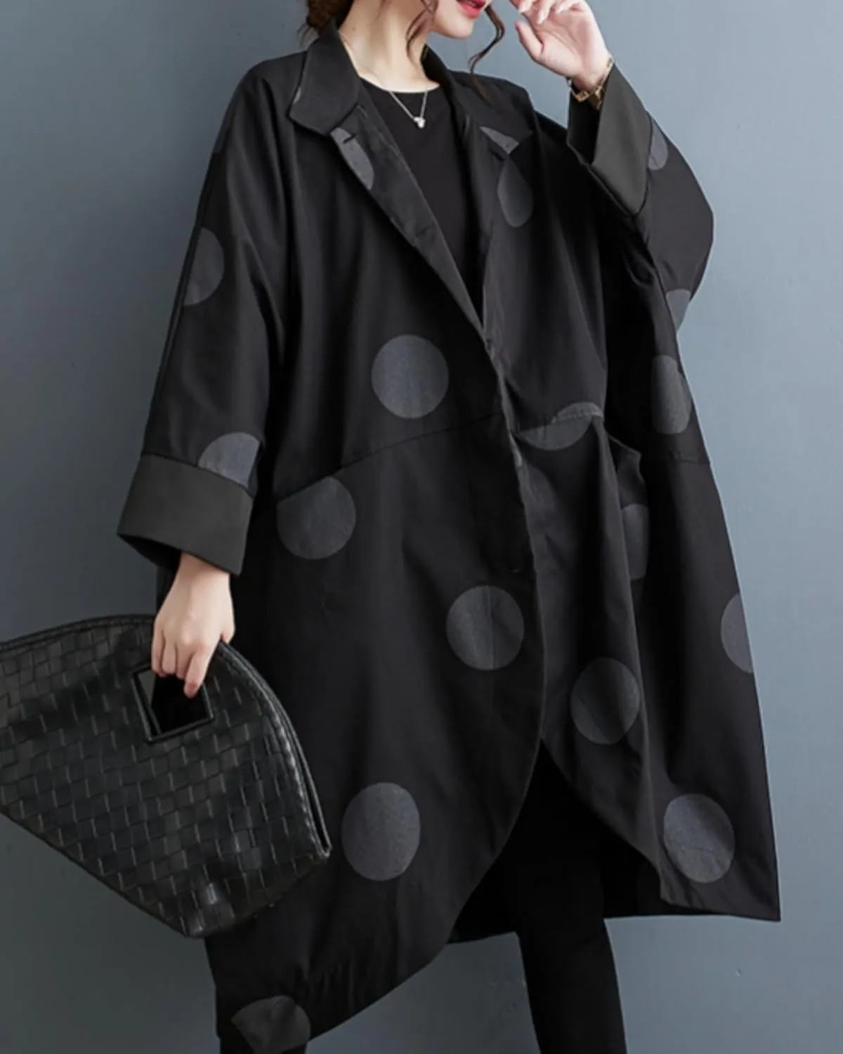 ellazhu Women's Casual Vintage Batwing Polk Dots Trench Coat Irregular Hem Outerwear GZ42