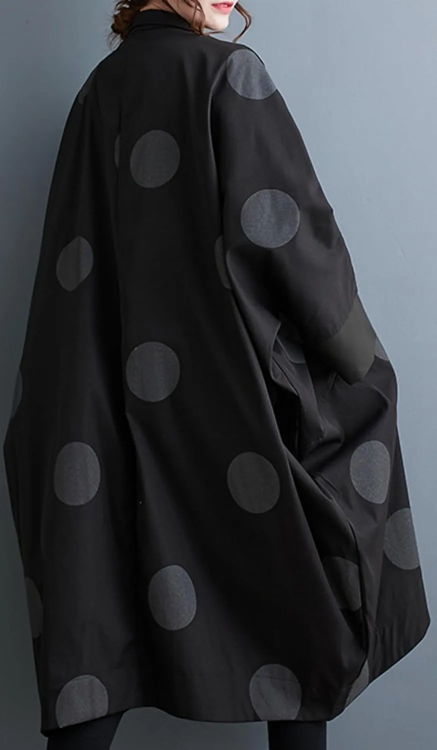 ellazhu Women's Casual Vintage Batwing Polk Dots Trench Coat Irregular Hem Outerwear GZ42