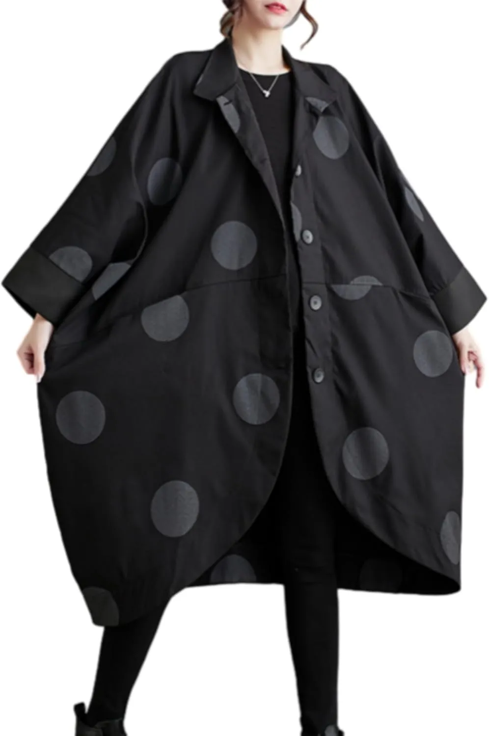 ellazhu Women's Casual Vintage Batwing Polk Dots Trench Coat Irregular Hem Outerwear GZ42