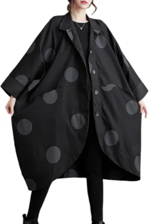 ellazhu Women's Casual Vintage Batwing Polk Dots Trench Coat Irregular Hem Outerwear GZ42