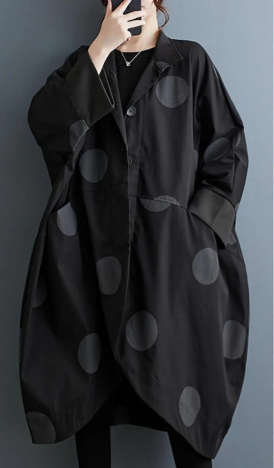 ellazhu Women's Casual Vintage Batwing Polk Dots Trench Coat Irregular Hem Outerwear GZ42