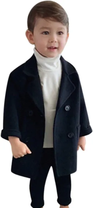 EnJoCho Toddler Baby Boys Winter Elegant Notched Collar Coat Double Breasted Trench Coat Warm Wool Pea Coat Jacket for Kids (Black-02#, 2-3 Years)