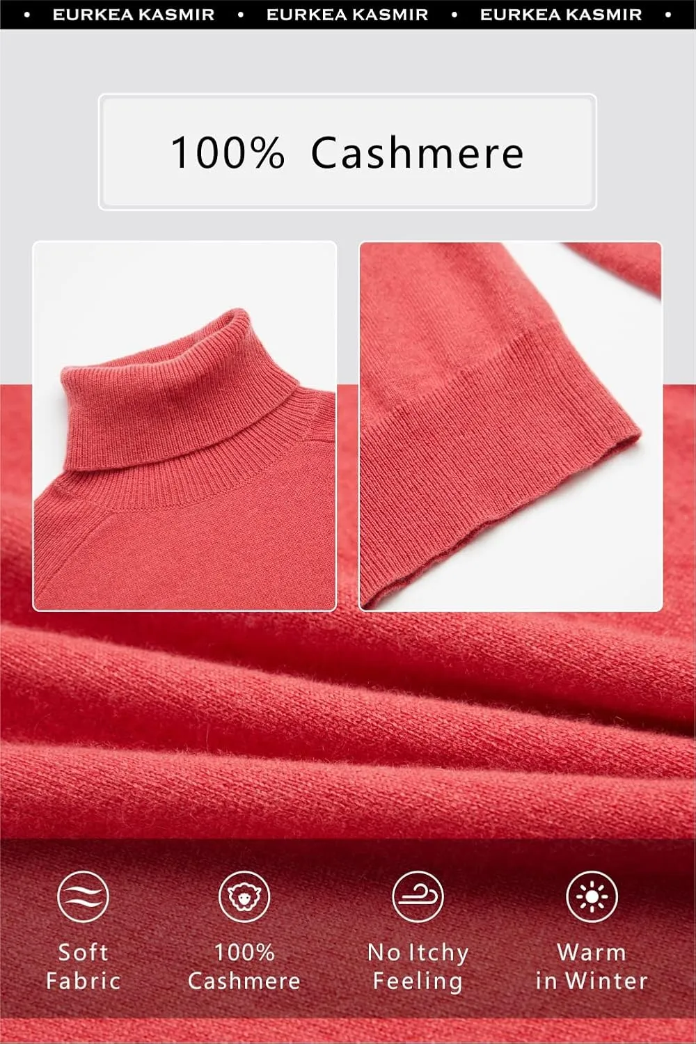 EURKEA Women's Turtleneck 100% Cashmere Sweater, Long Sleeves Pullover Winter Top for Women, Gift Ready